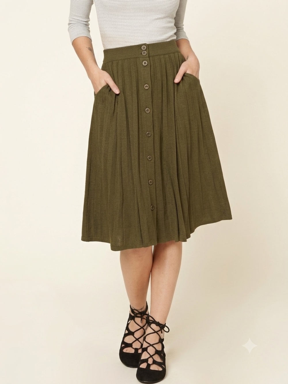 Forever 21 Twee Olive Green Rayon Button-Down Midi Skirt Pockets S/M